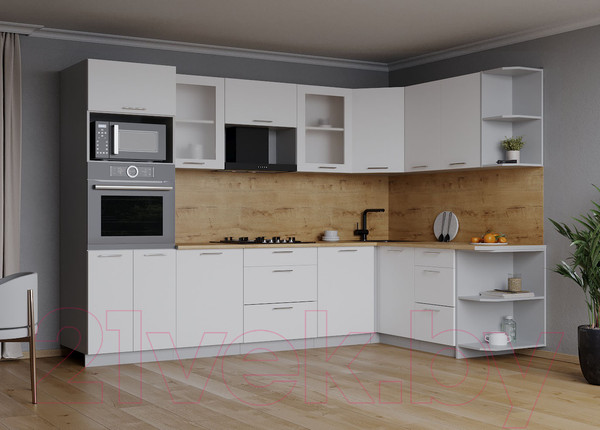 Изображение товара Кухонный гарнитур Интерлиния Мила 1.68x2.8 правая (белый платинум/белый платинум/дуб бунратти)