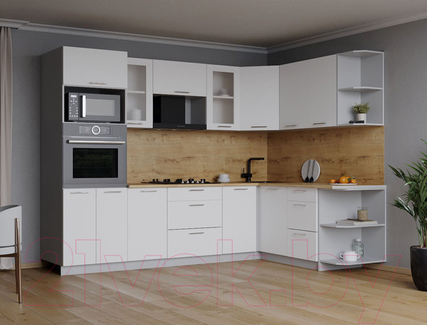 Изображение товара Кухонный гарнитур Интерлиния Мила 1.68x2.6 правая (белый платинум/белый платинум/дуб бунратти)