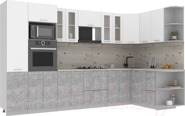 Изображение товара Кухонный гарнитур Интерлиния Мила 1.68x3.4 правая (белый платинум/бетон/бискайская сосна)