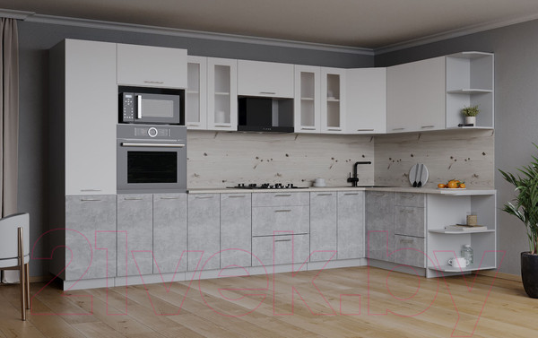 Изображение товара Кухонный гарнитур Интерлиния Мила 1.68x3.4 правая (белый платинум/бетон/бискайская сосна)