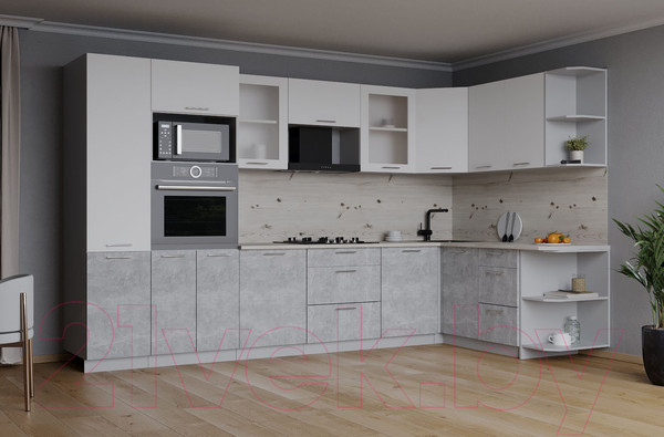 Изображение товара Кухонный гарнитур Интерлиния Мила 1.68x3.2 правая (белый платинум/бетон/бискайская сосна)