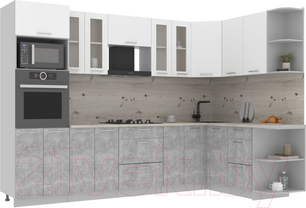 Изображение товара Кухонный гарнитур Интерлиния Мила 1.68x3.0 правая (белый платинум/бетон/бискайская сосна)
