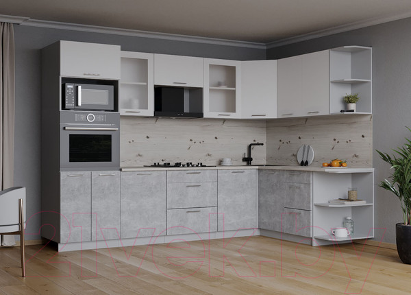 Изображение товара Кухонный гарнитур Интерлиния Мила 1.68x2.8 правая (белый платинум/бетон/бискайская сосна)