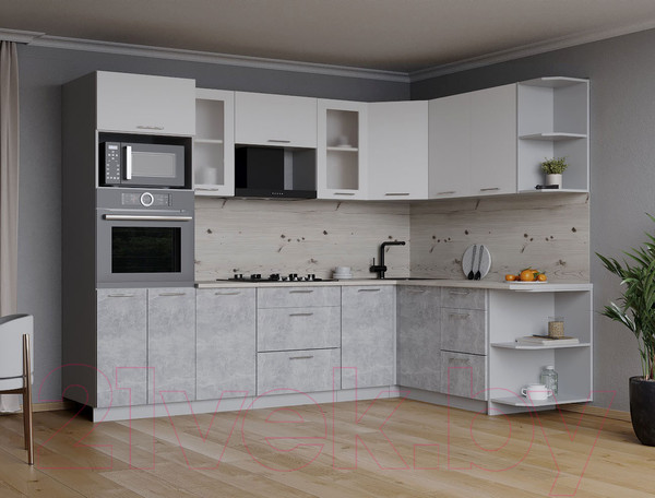 Изображение товара Кухонный гарнитур Интерлиния Мила 1.68x2.6 правая (белый платинум/бетон/бискайская сосна)