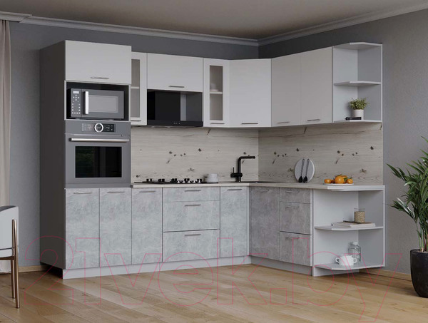 Изображение товара Кухонный гарнитур Интерлиния Мила 1.68x2.4 правая (белый платинум/бетон/бискайская сосна)