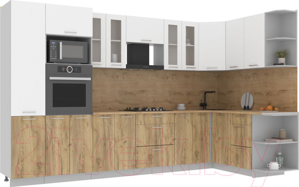 Изображение товара Кухонный гарнитур Интерлиния Мила 1.68x3.4 правая (белый платинум/дуб золотой/дуб бунратти)