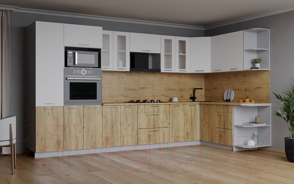 Изображение товара Кухонный гарнитур Интерлиния Мила 1.68x3.4 правая (белый платинум/дуб золотой/дуб бунратти)