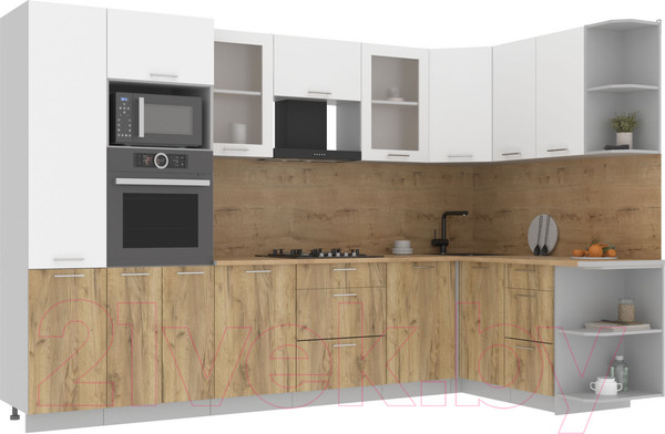 Изображение товара Кухонный гарнитур Интерлиния Мила 1.68x3.2 правая (белый платинум/дуб золотой/дуб бунратти)