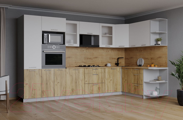 Изображение товара Кухонный гарнитур Интерлиния Мила 1.68x3.2 правая (белый платинум/дуб золотой/дуб бунратти)