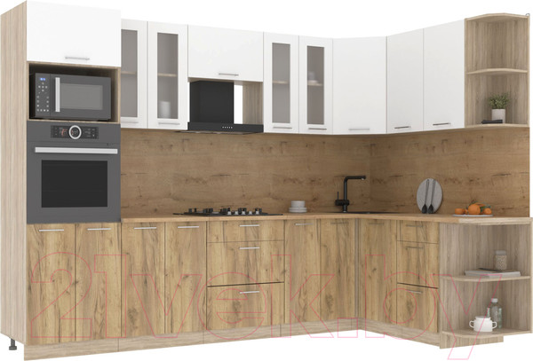 Изображение товара Кухонный гарнитур Интерлиния Мила 1.68x3.0 правая (белый платинум/дуб золотой/дуб бунратти)