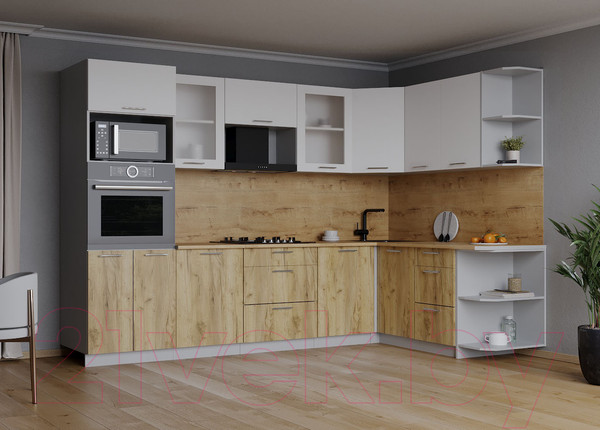 Изображение товара Кухонный гарнитур Интерлиния Мила 1.68x2.8 правая (белый платинум/дуб золотой/дуб бунратти)