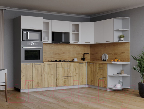 Изображение товара Кухонный гарнитур Интерлиния Мила 1.68x2.6 правая (белый платинум/дуб золотой/дуб бунратти)