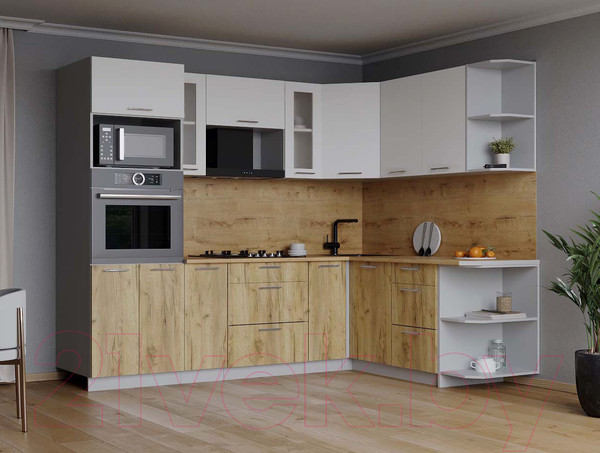 Изображение товара Кухонный гарнитур Интерлиния Мила 1.68x2.4 правая (белый платинум/дуб золотой/дуб бунратти)