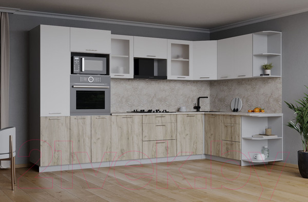 Изображение товара Кухонный гарнитур Интерлиния Мила 1.68x3.2 правая (белый платинум/дуб серый/опал светлый)