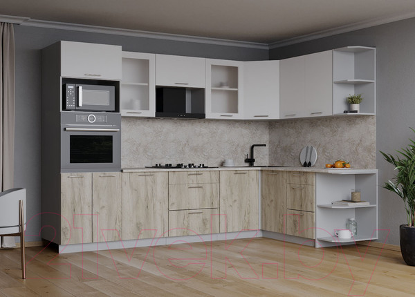 Изображение товара Кухонный гарнитур Интерлиния Мила 1.68x2.8 правая (белый платинум/дуб серый/опал светлый)