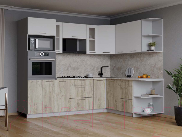 Изображение товара Кухонный гарнитур Интерлиния Мила 1.68x2.4 правая (белый платинум/дуб серый/опал светлый)