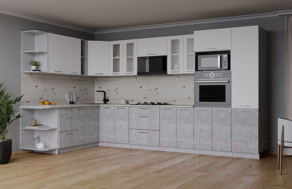 Изображение товара Кухонный гарнитур Интерлиния Мила 1.88x3.4 левая (белый платинум/бетон/бискайская сосна)