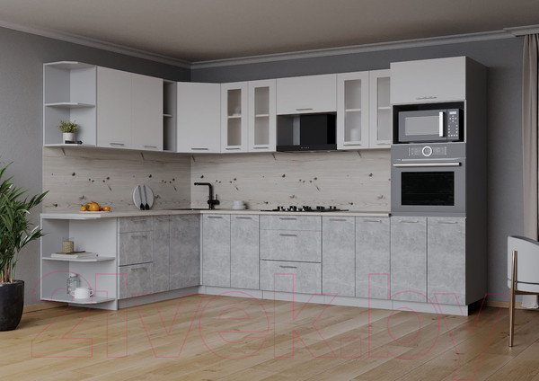 Изображение товара Кухонный гарнитур Интерлиния Мила 1.88x3.0 левая (белый платинум/бетон/бискайская сосна)
