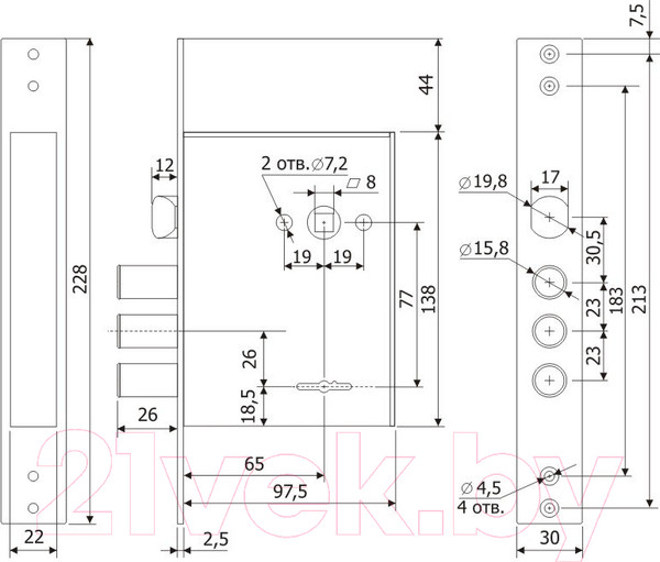 Изображение товара Замок врезной Гардиан 30.11 Длинный ключ ЗК303Н-01/112.5мм (4 ключа)