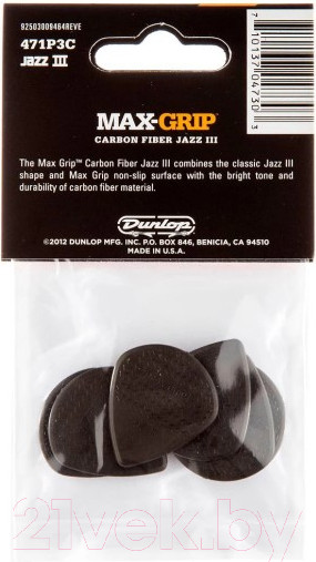 Изображение товара Набор медиаторов Dunlop Manufacturing Max-Grip Carbon Jazz III 471P3C (6шт)