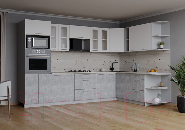 Изображение товара Кухонный гарнитур Интерлиния Мила 1.88x3.0 правая (белый платинум/бетон/бискайская сосна)