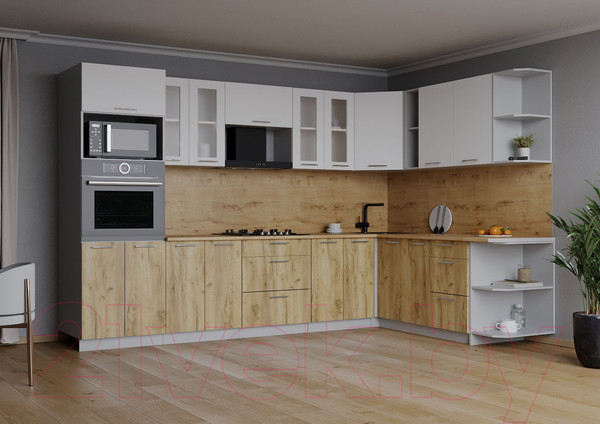 Изображение товара Кухонный гарнитур Интерлиния Мила 1.88x3.0 правая (белый платинум/дуб золотой/дуб бунратти)
