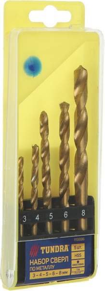 Изображение товара Набор сверл Tundra HSS TiN по металлу цилиндр. хвостовик 3 4 5 6 8мм / 1119696 (5шт)