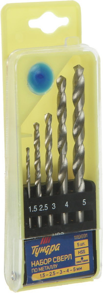 Изображение товара Набор сверл Tundra HSS по металлу цилиндр. хвостовик 1.5 2.5 3 4 5мм / 1119691 (5шт)