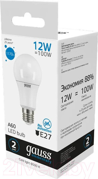 Изображение товара Лампа Gauss Elementary E27 12W 6500K / 23232