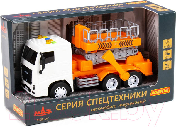 Изображение товара Автомобиль игрушечный Полесье Маз с подъемником со звуком и светом / 94025 (инерционный)