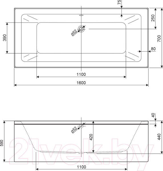 Изображение товара Ванна акриловая Cezares Plane Mini-160-70-42-W37