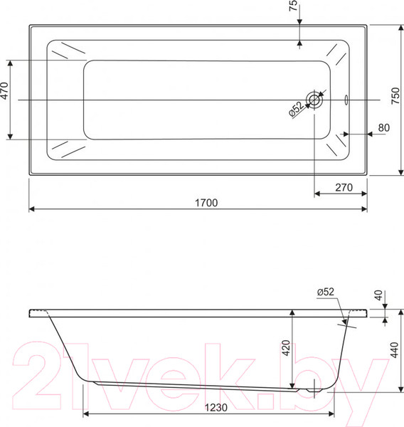 Изображение товара Ванна акриловая Cezares Plane Solo Mini-170-75-42-W37