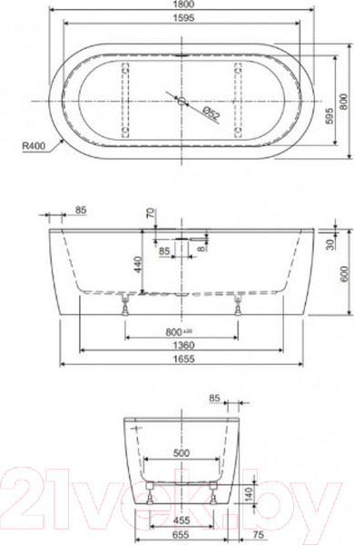 Изображение товара Ванна акриловая Cezares Slim Central-180-80-60-NERO-SET