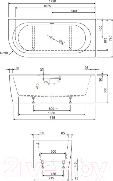 Изображение товара Ванна акриловая Cezares Slim Corner-180-80-60-R-NERO-SET