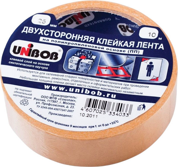 Изображение товара Скотч двухсторонний Unibob 25ммx10м / 38915