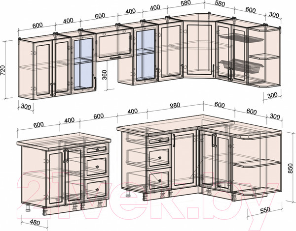 Изображение товара Кухонный гарнитур Интерлиния Тренд 1.5x3.0 правая (луна/белый/серый каспий)