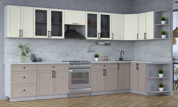 Изображение товара Кухонный гарнитур Интерлиния Тренд 1.5x3.8 правая (луна/белый/серый каспий)