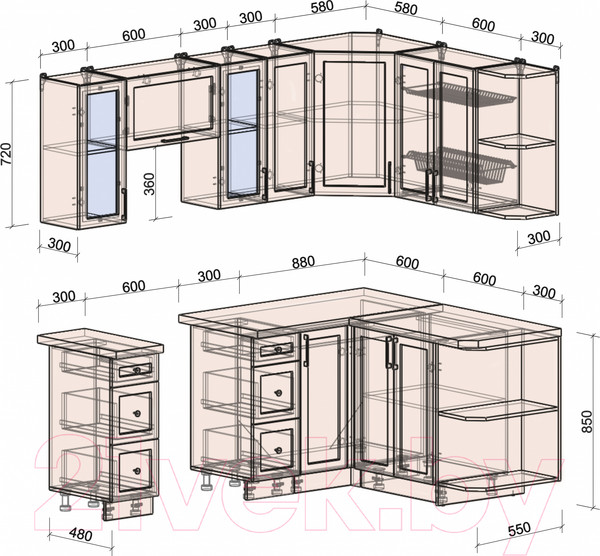 Изображение товара Кухонный гарнитур Интерлиния Тренд 1.5x2.1 правая (луна/луна/бискайская сосна)