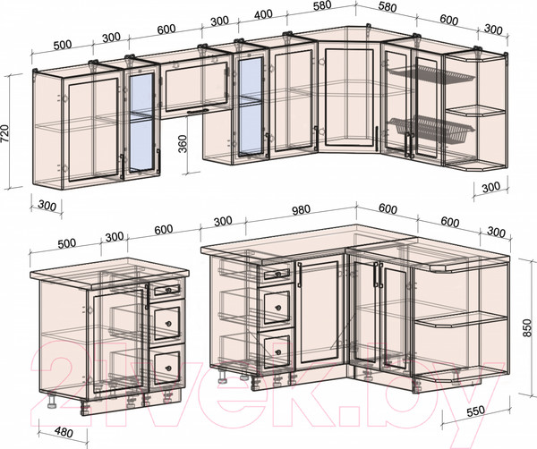Изображение товара Кухонный гарнитур Интерлиния Тренд 1.5x2.7 правая (луна/луна/бискайская сосна)