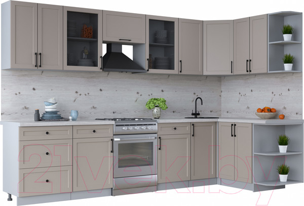 Изображение товара Кухонный гарнитур Интерлиния Тренд 1.5x3.2 правая (луна/луна/бискайская сосна)