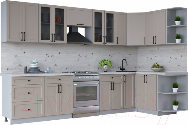 Изображение товара Кухонный гарнитур Интерлиния Тренд 1.5x3.3 правая (луна/луна/бискайская сосна)