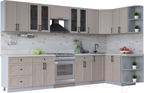 Изображение товара Кухонный гарнитур Интерлиния Тренд 1.5x3.4 правая (луна/луна/бискайская сосна)