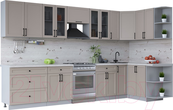Изображение товара Кухонный гарнитур Интерлиния Тренд 1.5x3.5 правая (луна/луна/бискайская сосна)