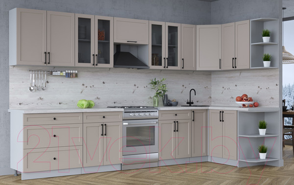 Изображение товара Кухонный гарнитур Интерлиния Тренд 1.5x3.5 правая (луна/луна/бискайская сосна)