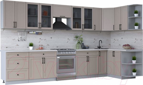 Изображение товара Кухонный гарнитур Интерлиния Тренд 1.5x3.7 правая (луна/луна/бискайская сосна)