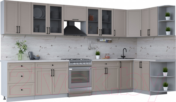 Изображение товара Кухонный гарнитур Интерлиния Тренд 1.5x3.8 правая (луна/луна/бискайская сосна)