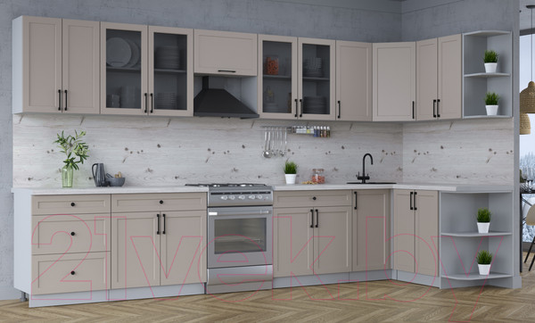 Изображение товара Кухонный гарнитур Интерлиния Тренд 1.5x3.8 правая (луна/луна/бискайская сосна)