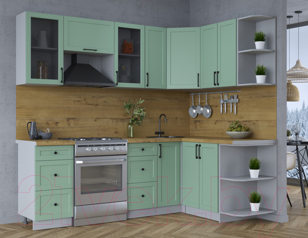 Изображение товара Кухонный гарнитур Интерлиния Тренд 1.5x2.3 правая (мята/мята/дуб бунратти)