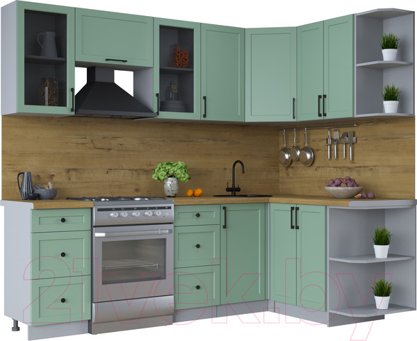 Изображение товара Кухонный гарнитур Интерлиния Тренд 1.5x2.4 правая (мята/мята/дуб бунратти)