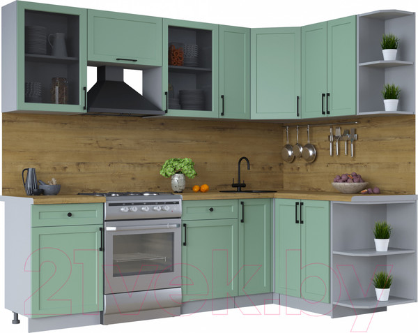Изображение товара Кухонный гарнитур Интерлиния Тренд 1.5x2.5 правая (мята/мята/дуб бунратти)